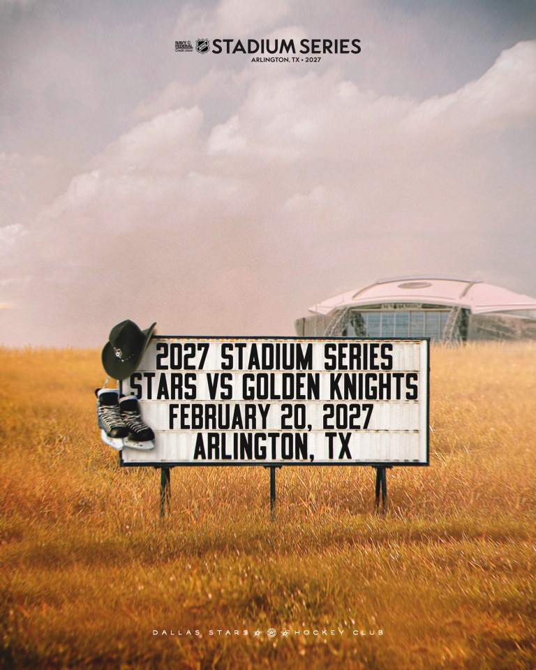 Image shows a billboard in a desert landscape advertising the 2027 Stadium Series game between the Dallas Stars and Las Vegas Golden Knights.
