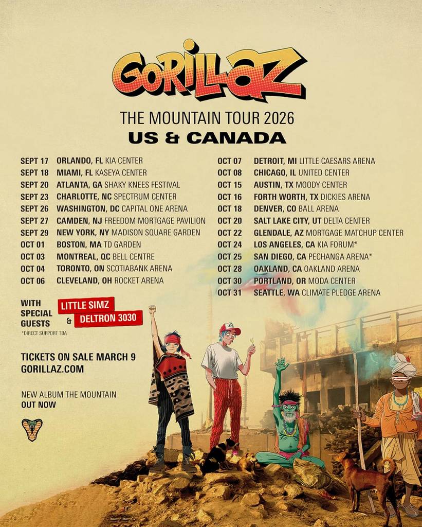 Image shows information about the Gorillaz "The Mountain" tour.