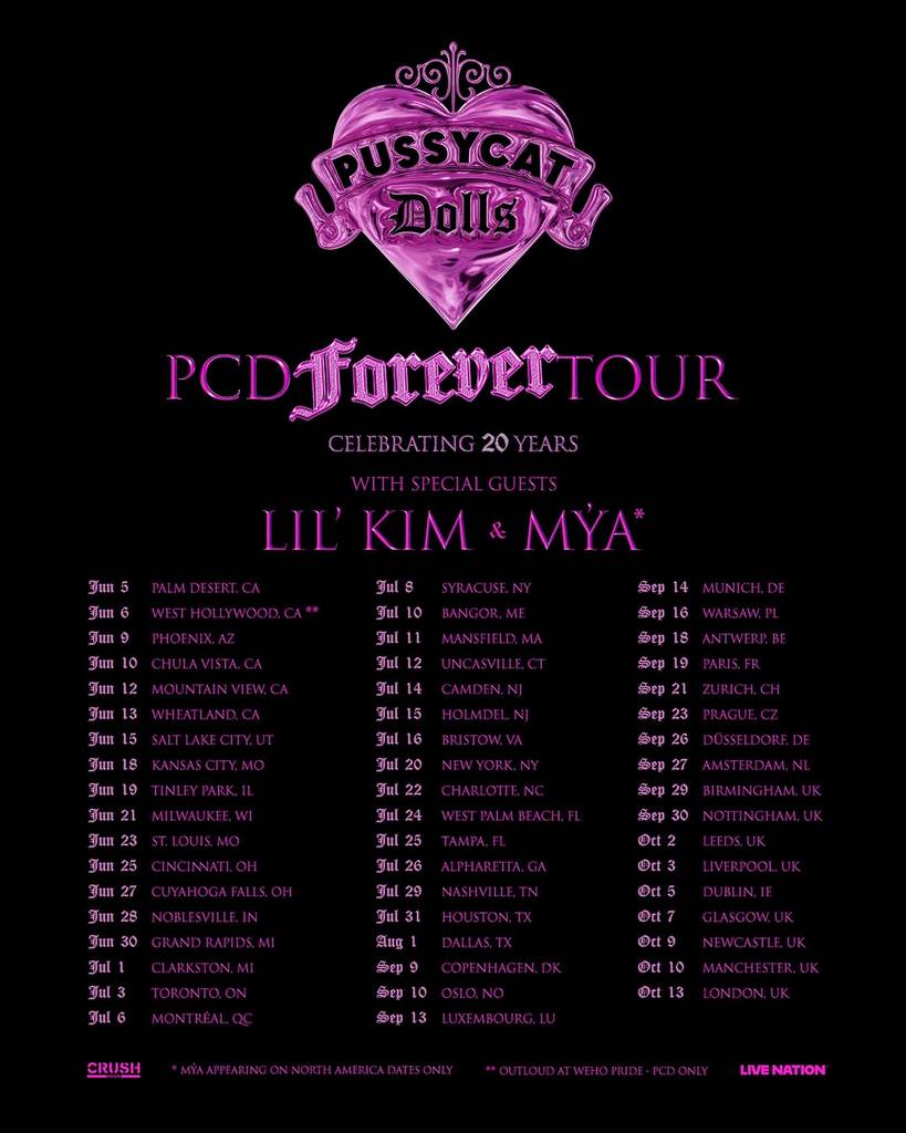Graphic shows information regarding the Pussycat Dolls world tour with dates and locations.
