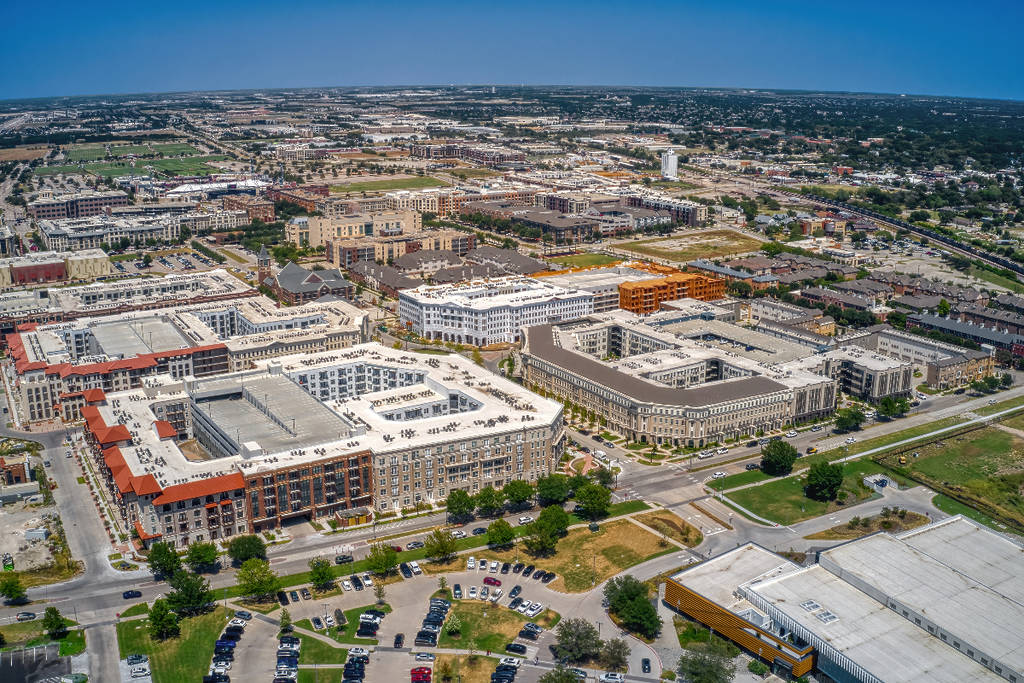Image shows an aerial view of Frisco, Texas.