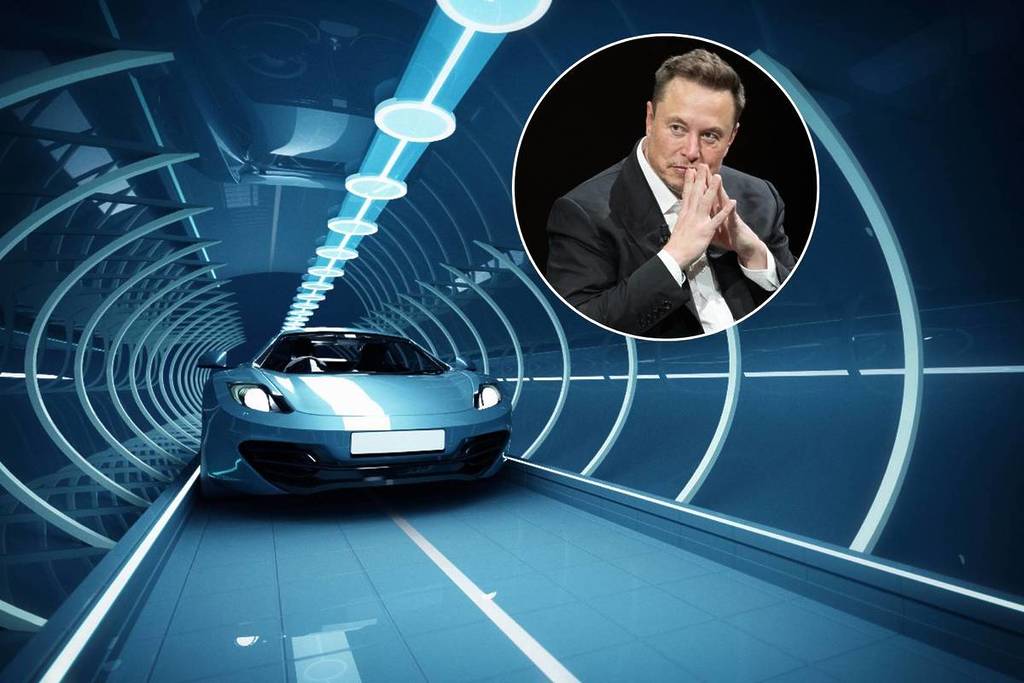 Image shows a car in a tunnel with a superimposed image of Elon Musk's face.