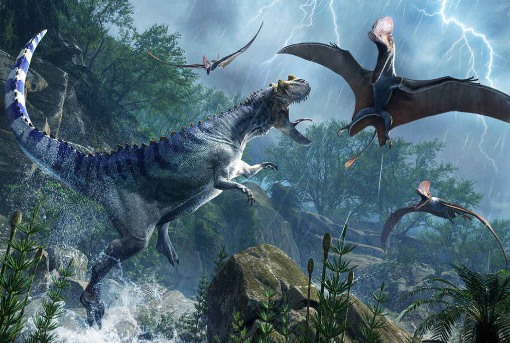 Graphic shows a Tyrannosaurs Rex lunging at a flying dinosaur as seen in "Age of Dinosaurs" at Sandbox VR. 