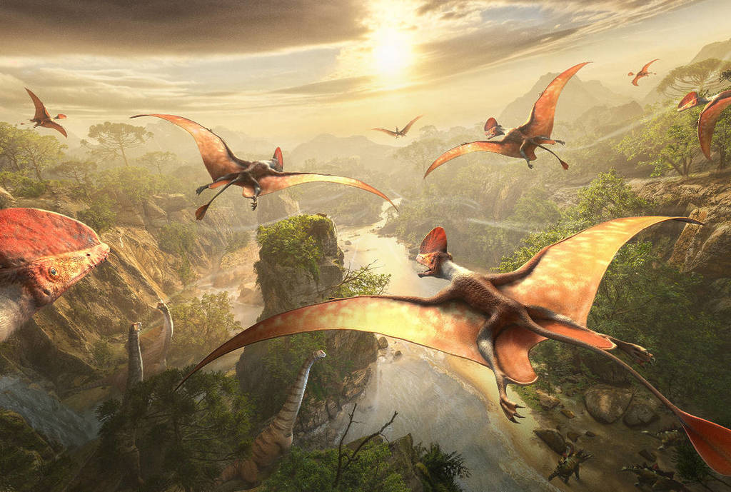Graphic shows flying dinosaurs over a valley of sorts as seen through Sandbox VR's 'Age of Dinosaurs" experience. 