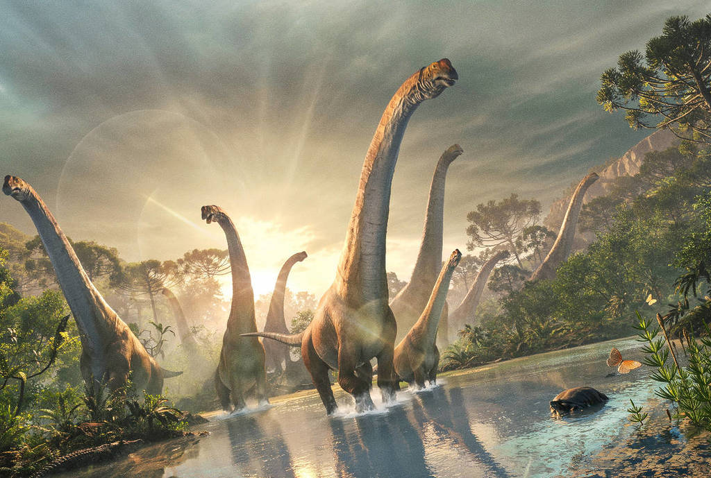 Graphic shows group of Brontosauruses as seen in Sandbox VR's 