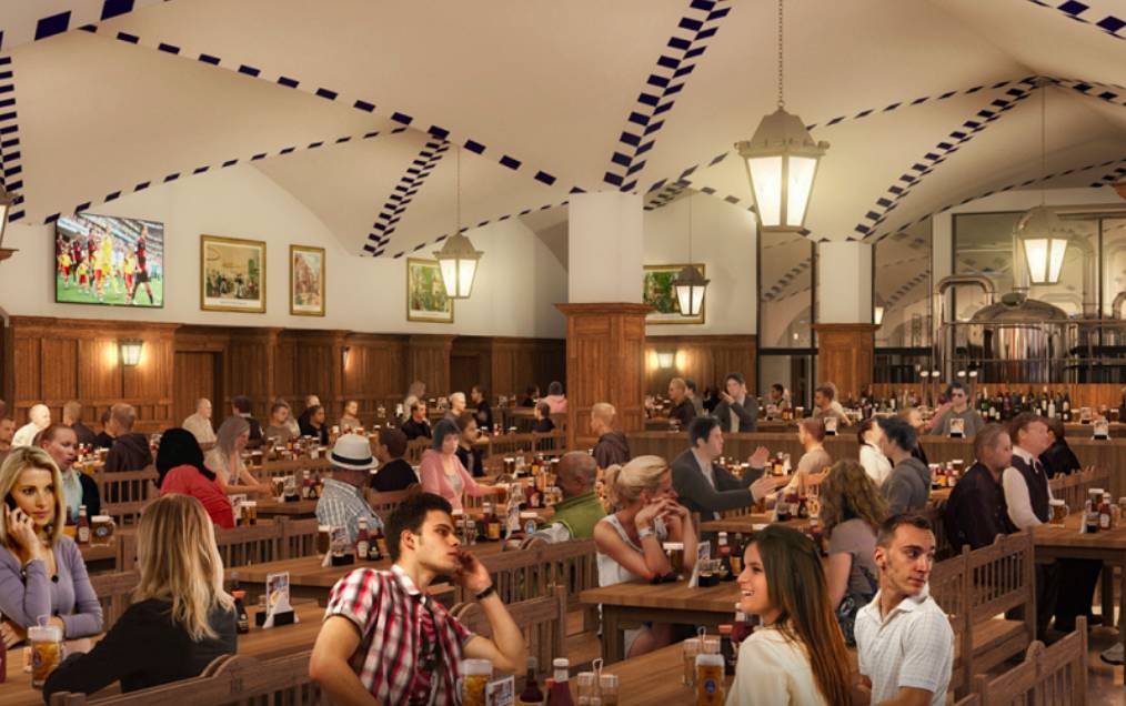La imagen muestra el interior del concepto de pub de Hofbräu.