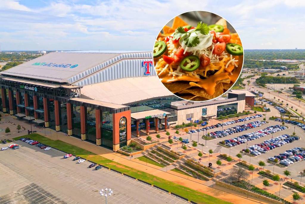 Image shows Globe Life Field with a superimposed image of nachos.