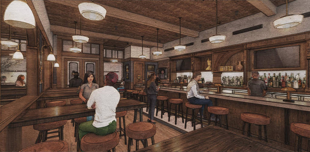 Image shows concept art of Queens Head Pub in Dallas.