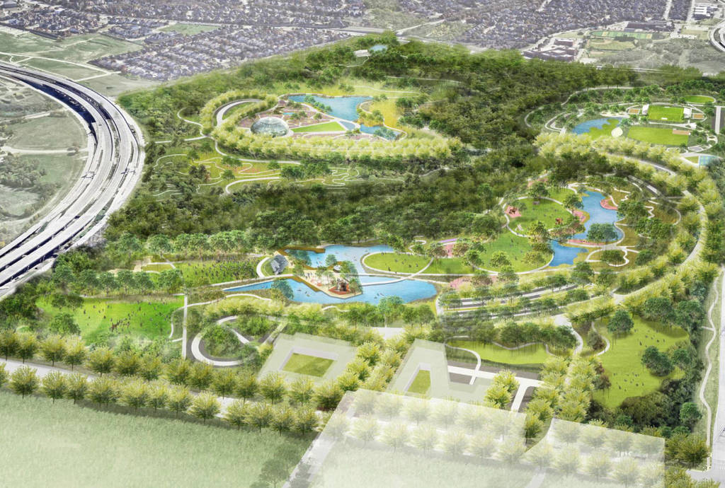 Image shows rendering of the coming Grand Park in Frisco, Texas.