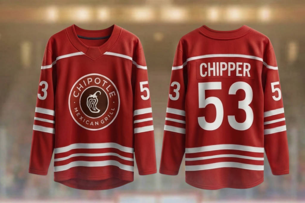 Image shows Chipotle hockey jerseys featuring the number 53 and the name "Chipper".