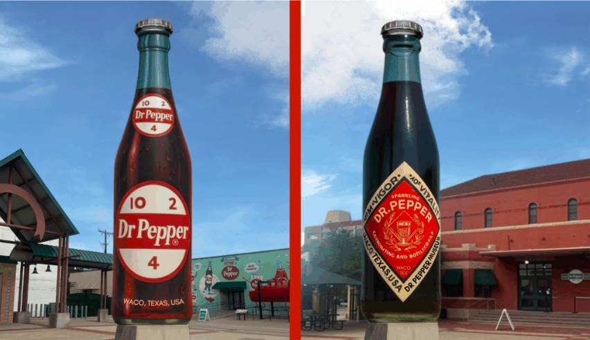 Las imágenes muestran dos representaciones de la botella de Dr. Pepper más grande del mundo, que se estrenará en el Museo Dr. Pepper de Waco, Texas.