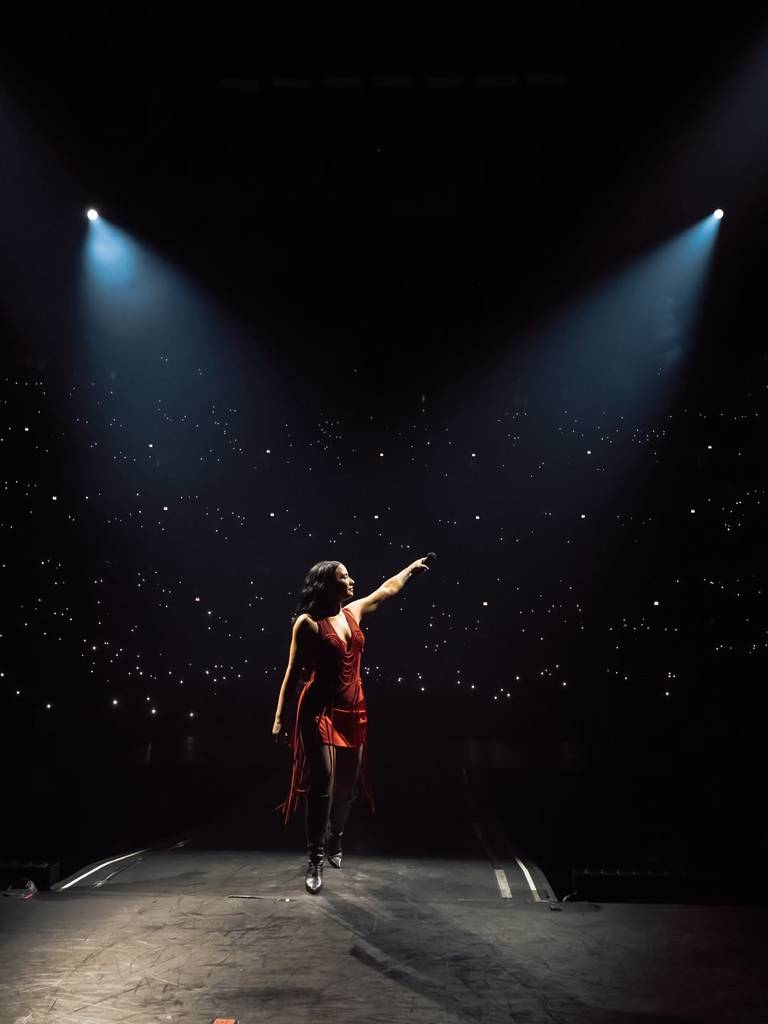 La imagen muestra a Demi Lovato actuando en el escenario mientras señala al público.