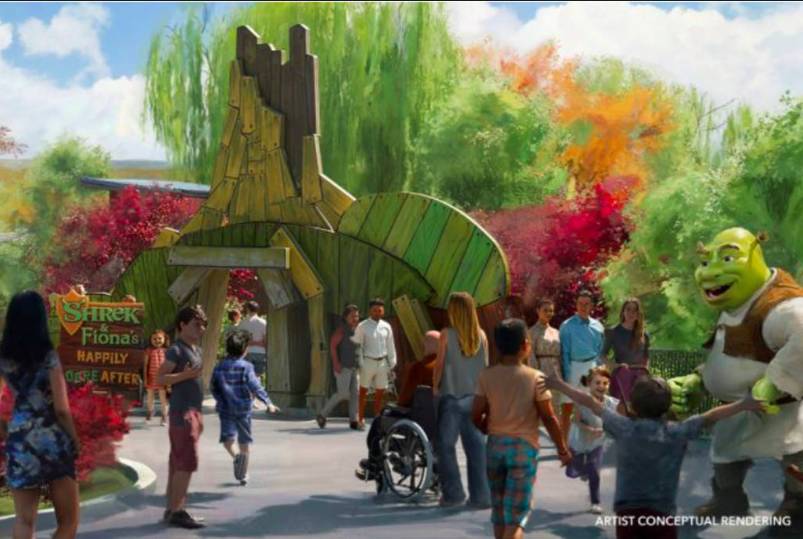La imagen muestra una representación conceptual de Shrek's Swamp en el Universal Kids Resort de Frisco, Texas.