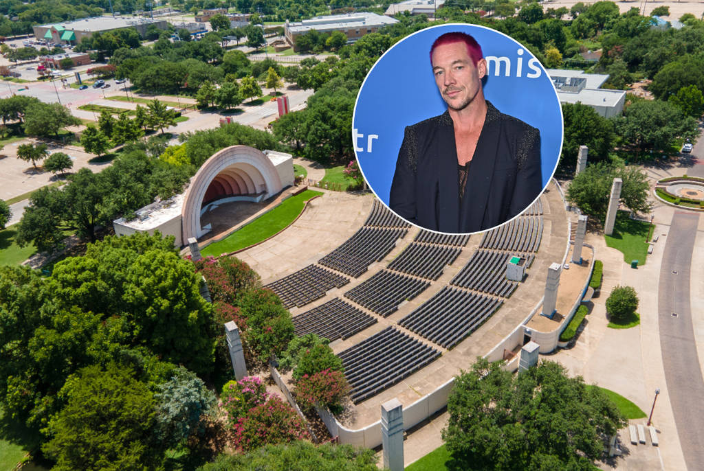 Image shows Fair Park in Dallas with a superimposed image of Diplo.