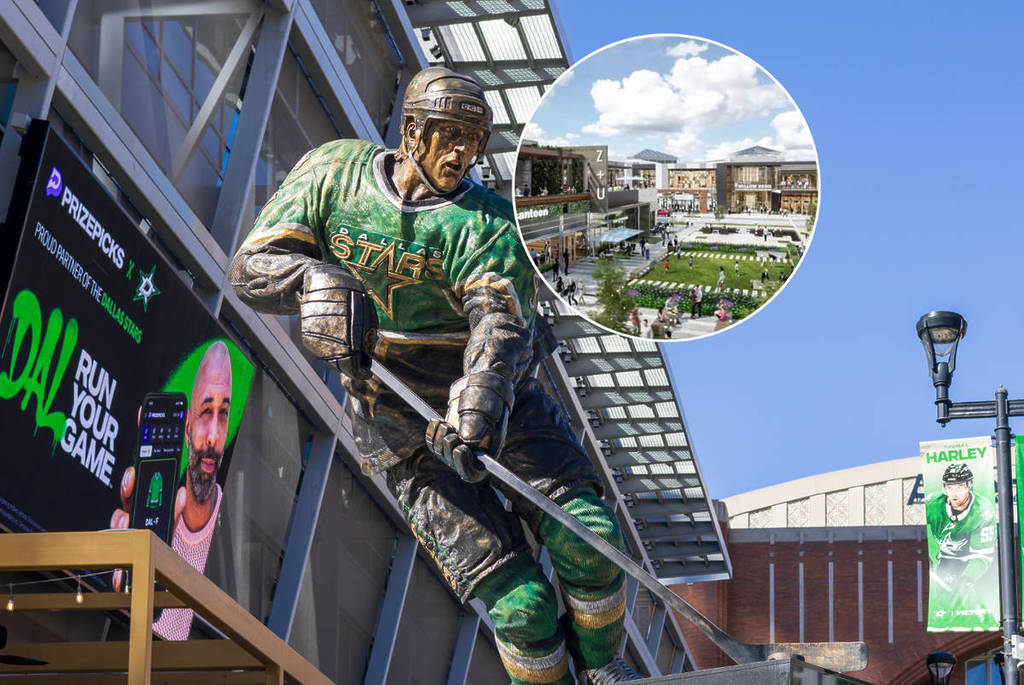 Image shows a statue of a Dallas Stars player outside American Airlines Center with a superimposed image of The Shops at Willow Bend development.