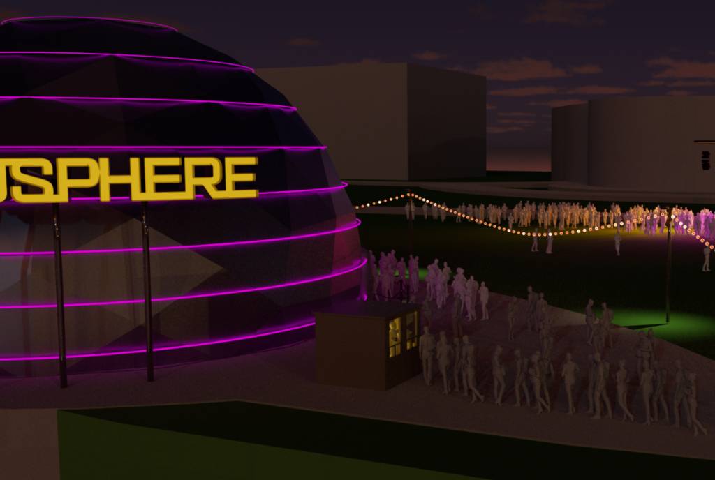 La imagen muestra una representación del Dome Theater en EpicCentral por la noche. 