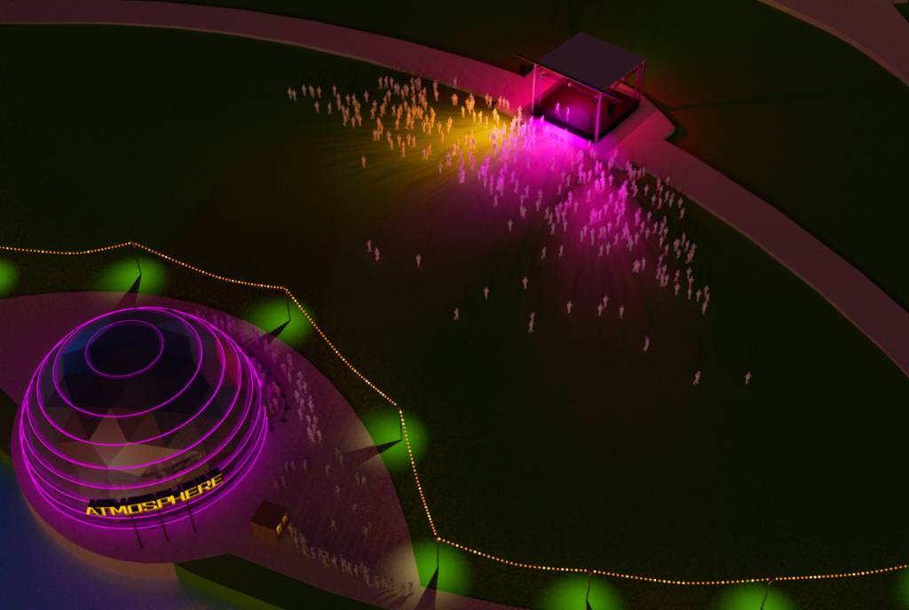 La imagen muestra una representación del Dome Theater en EpicCentral por la noche. 