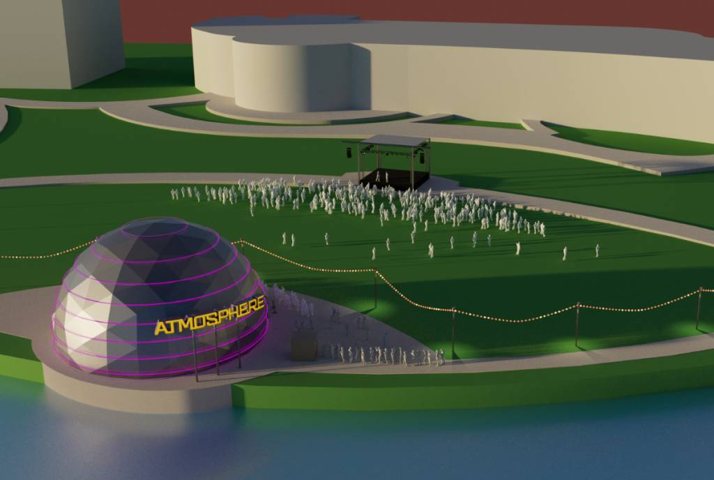La imagen muestra una representación del Dome Theater anunciado para EpicCentral en Grand Prairie, Texas.