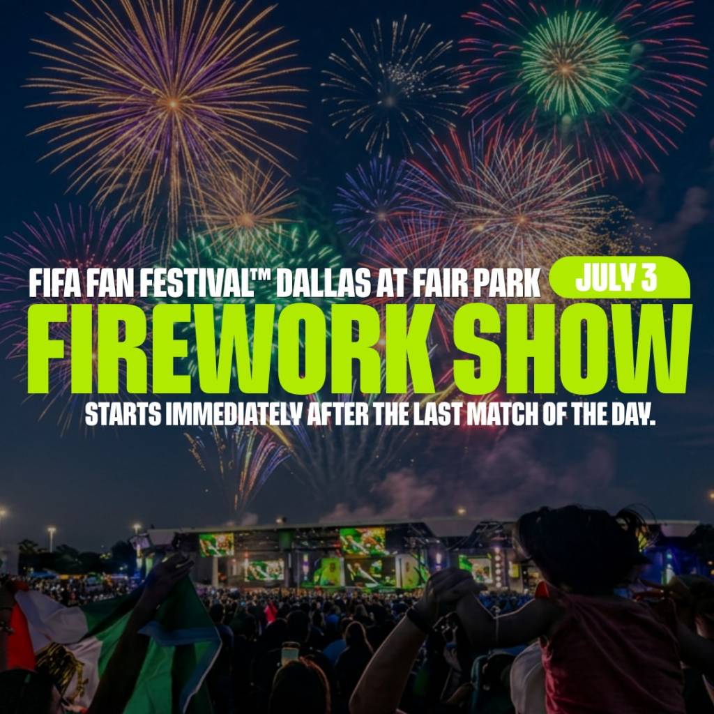El gráfico muestra información sobre el espectáculo de fuegos artificiales en Fair Park, en Dallas. 