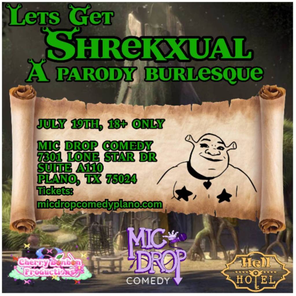 El gráfico muestra información sobre el espectáculo «Let's Get Shrekxual» en Plano, Texas. 