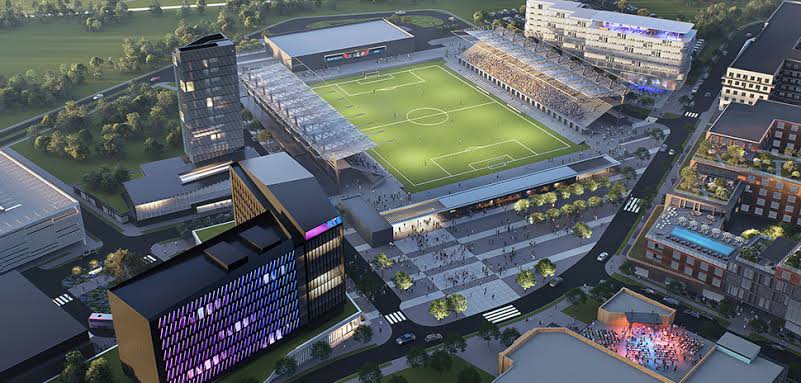Image shows the stadium as part of the Mansfield Development. 