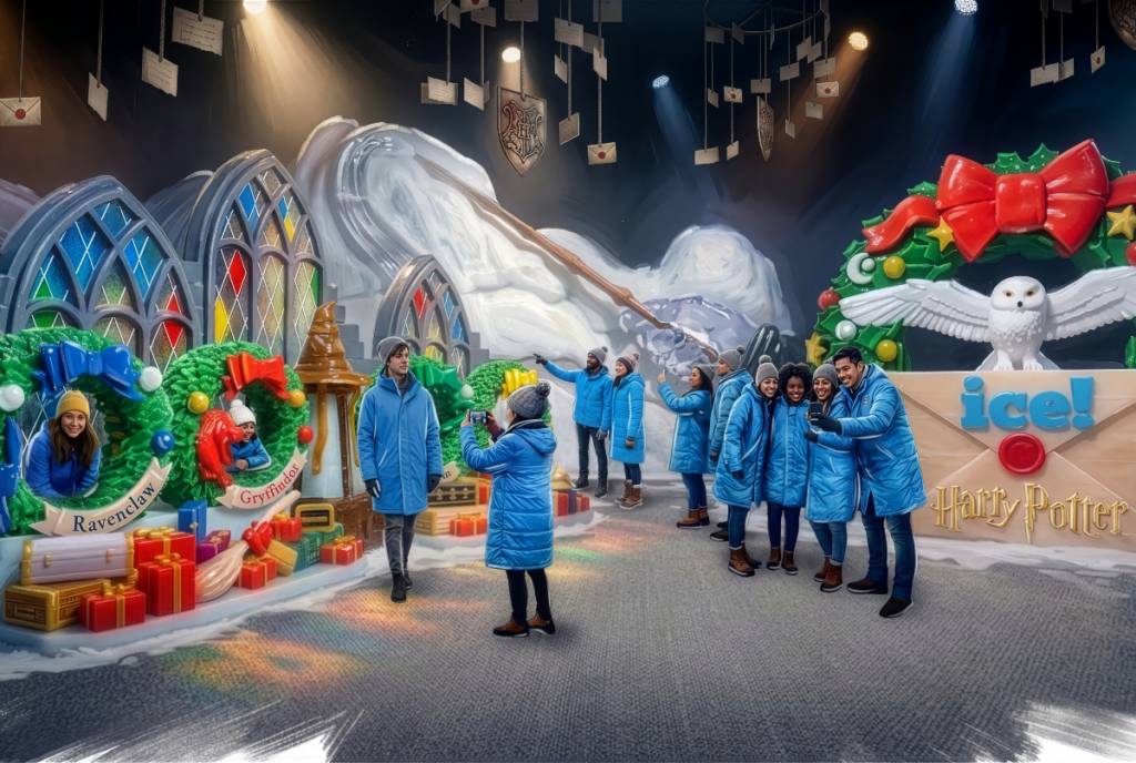 La imagen muestra el concepto visual de la experiencia «ICE!» inspirada en Harry Potter en el Gaylord Texan Resort.