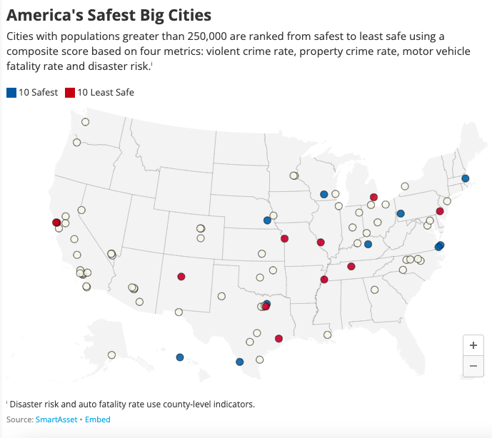 El gráfico muestra un mapa punteado con los lugares más y menos seguros de Estados Unidos según una encuesta de SmartAsset. 