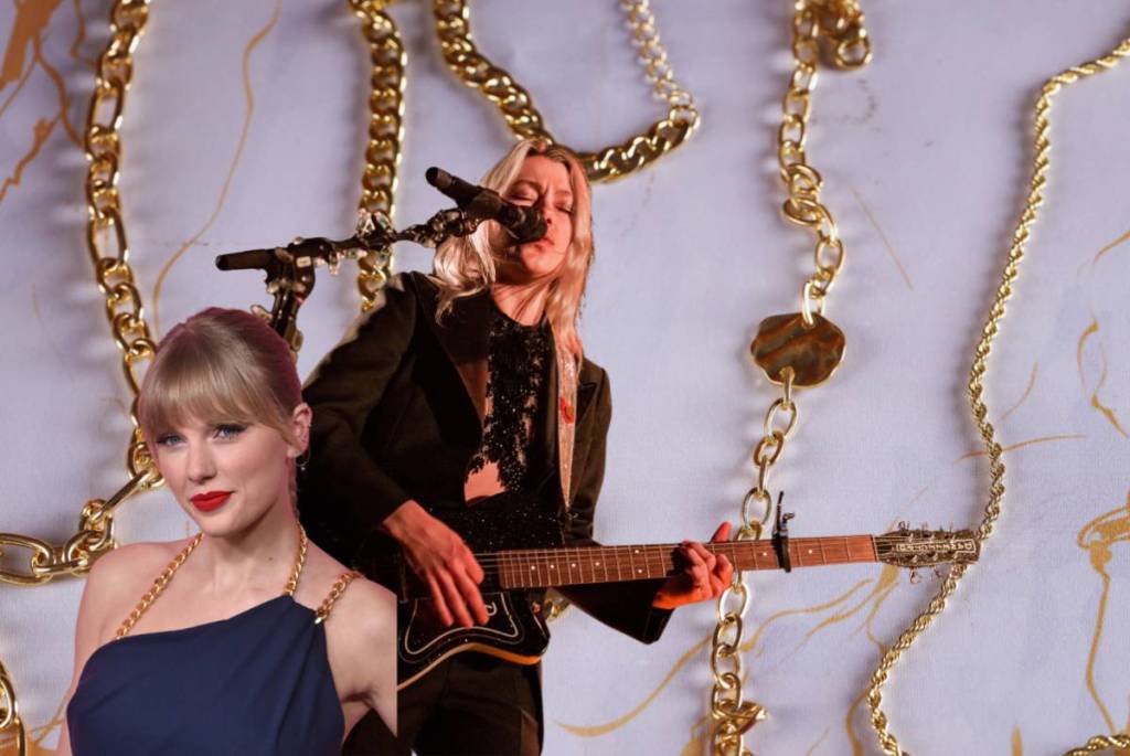 Image shows Taylor Swift and Phoebe Bridgers superimposed over an image of jewelry.