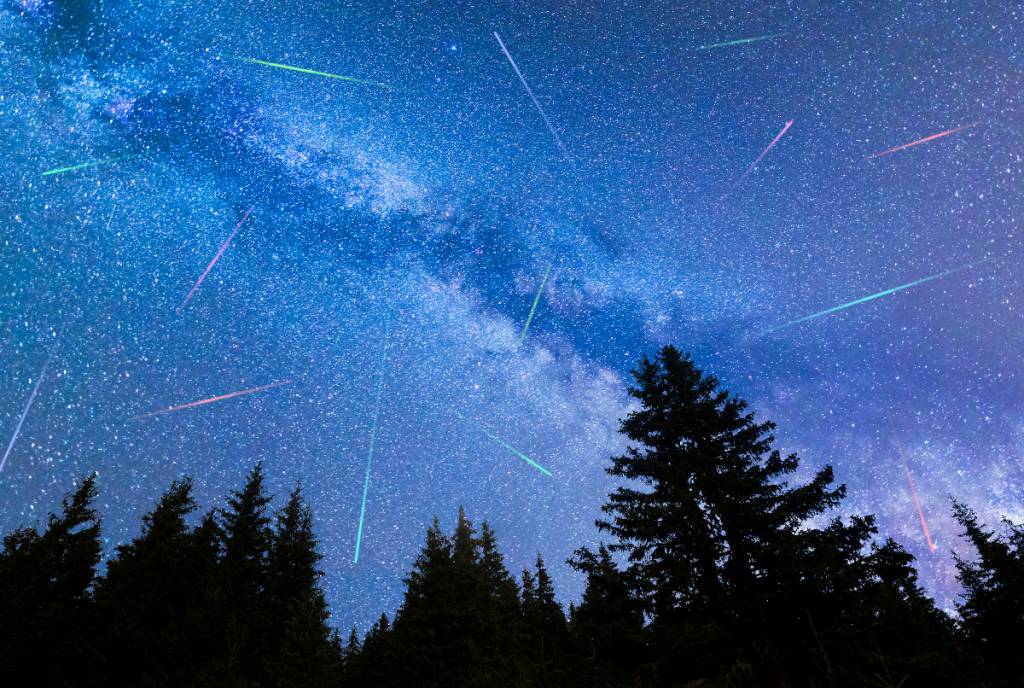 La imagen muestra una lluvia de meteoritos detrás de la silueta de una línea de árboles.