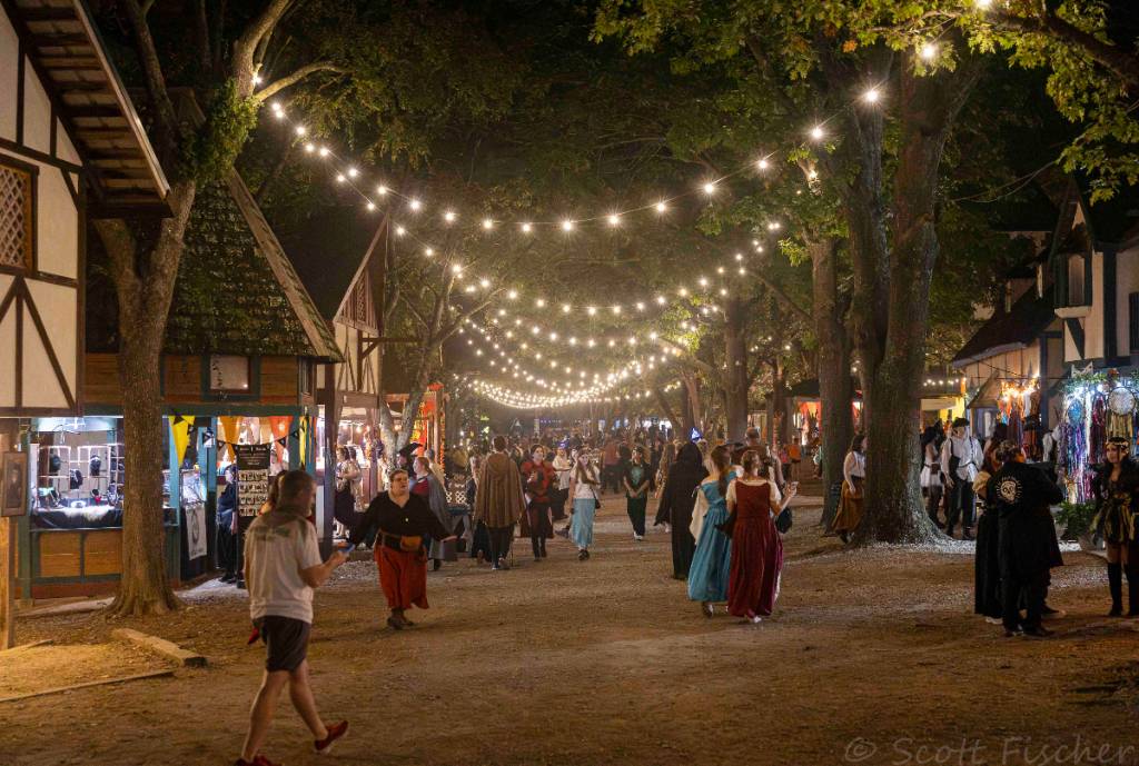 La imagen muestra el recinto del festival de Scorborough's Hollow al atardecer, con visitantes y luces colgadas entre los árboles.