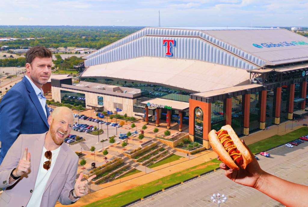 Image shows Globe Life Field with a collage of other images superimposed on top that include Taylor Sheridan, Dude Perfect, and a hotdog.