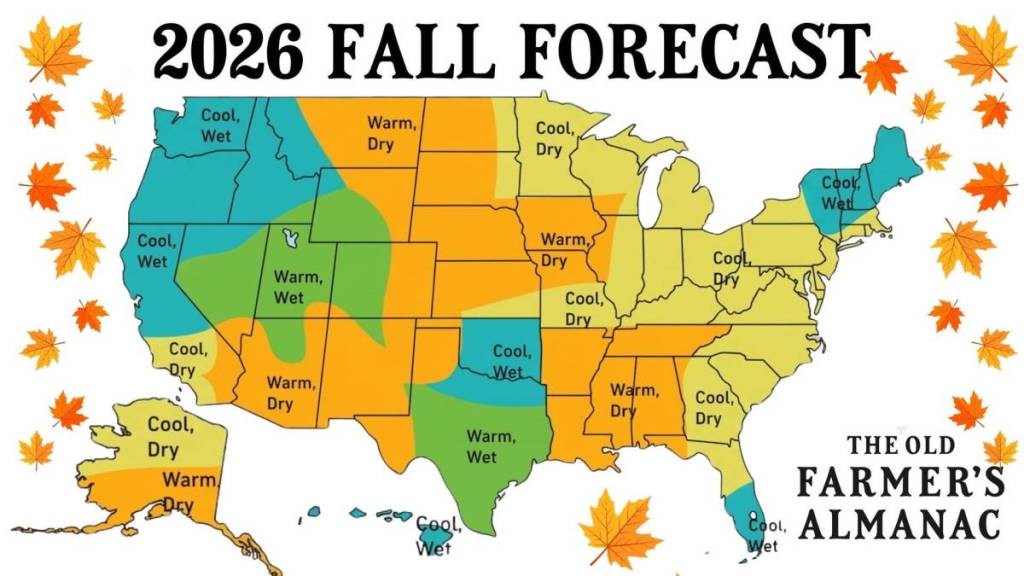 El gráfico muestra la previsión para el otoño de 2026 de The Old Farmer's Almanac