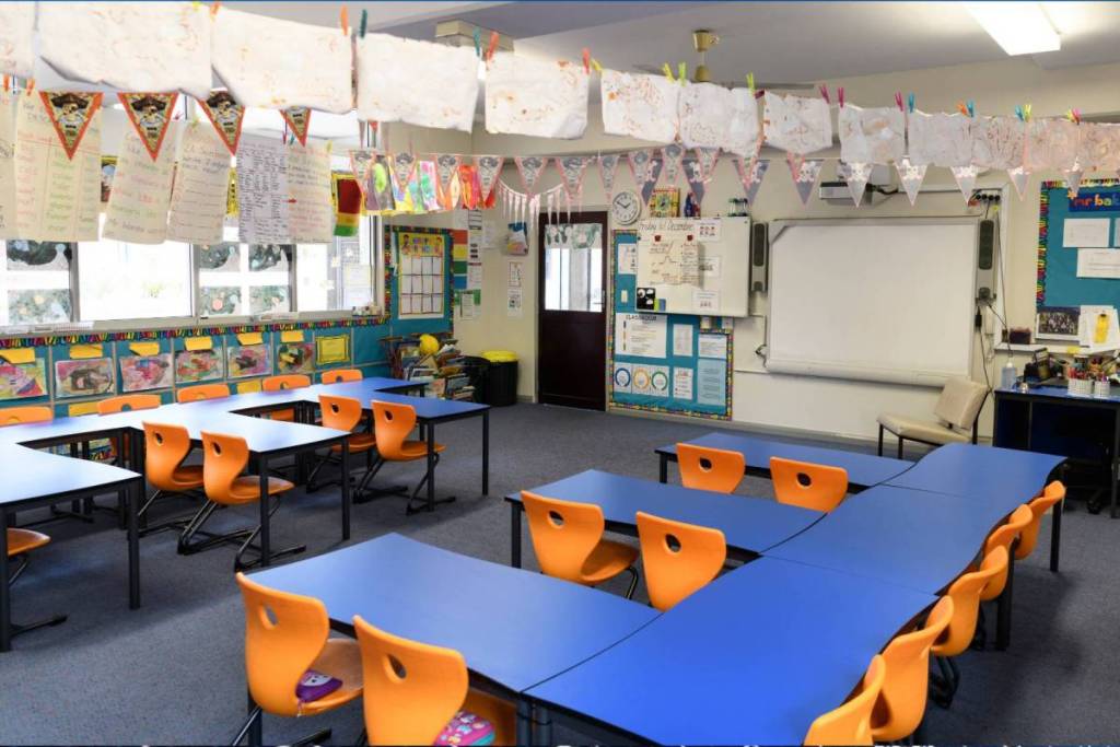 La imagen muestra un aula vacía. 