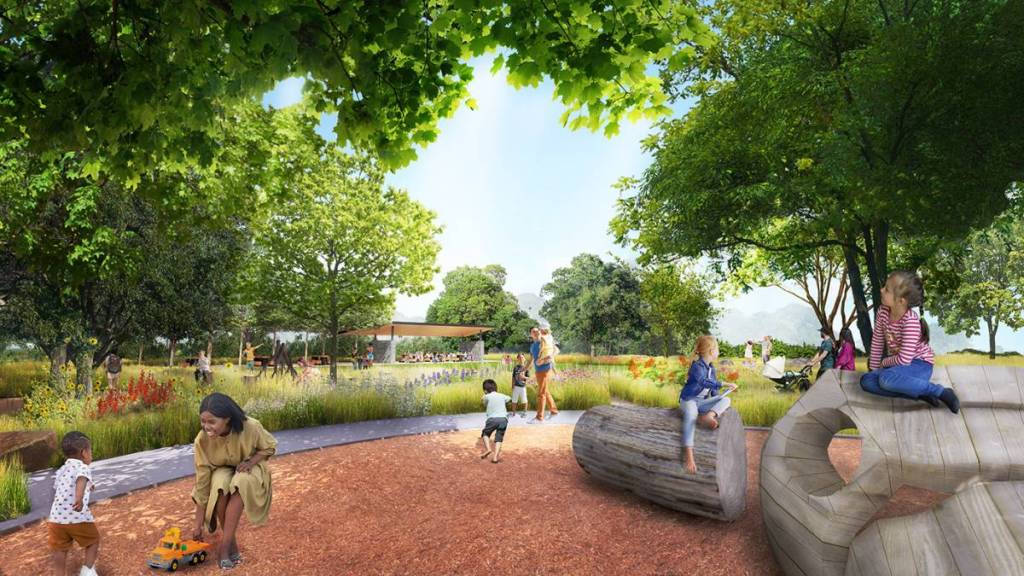 Image shows rendering of Discovery Garden at Northwest Community Park in Frisco.