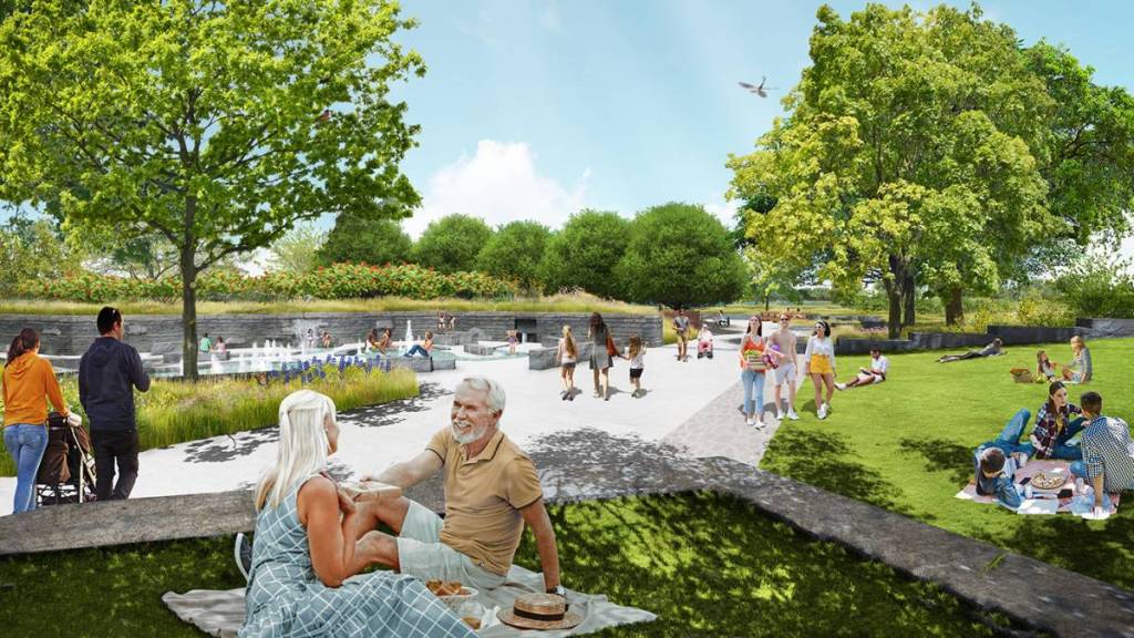 La imagen muestra una representación de la Welcome Plaza en el Northwest Community Park de Frisco.