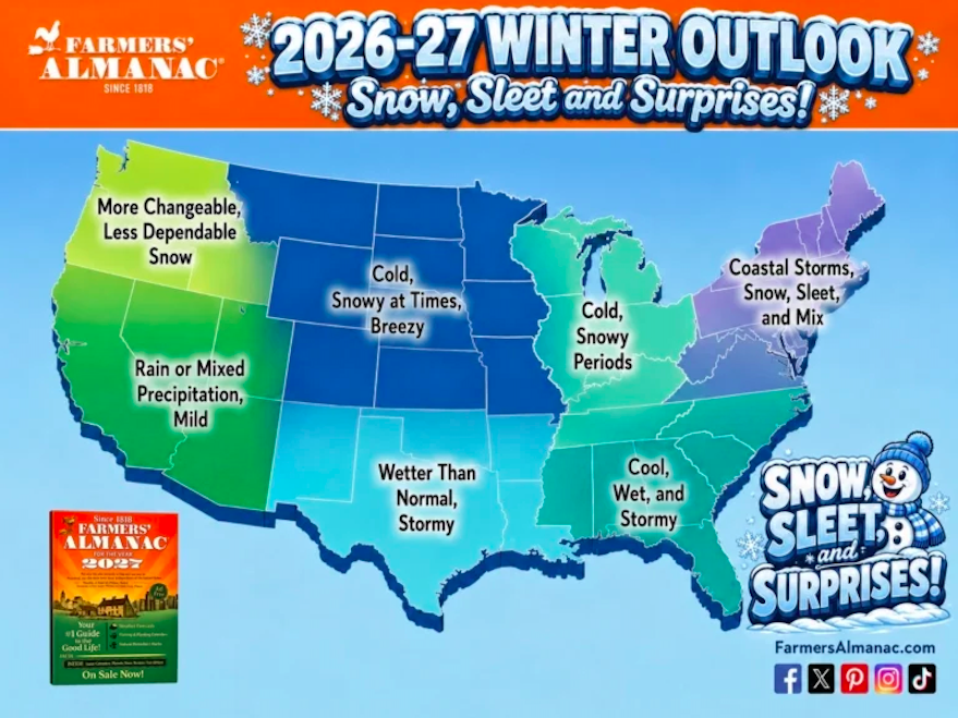 El gráfico muestra las predicciones invernales del Farmers' Almanac para 2026-2027 repartidas por todo Estados Unidos. 