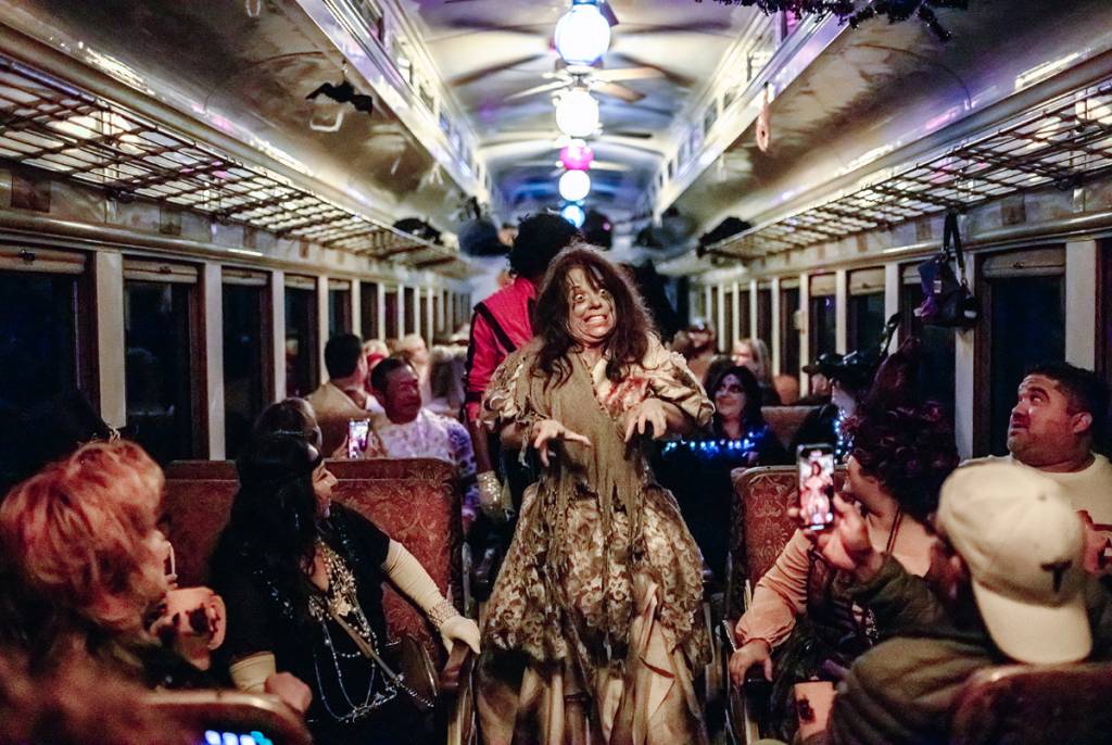 Image shows a person in a Halloween costume walking down the aisle of the Witches' Brew Train in Grapevine, Texas.
