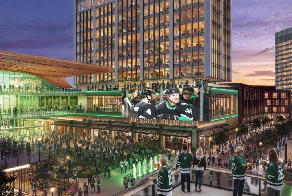 Image shows rendering of the Dallas Stars arena in Plano.