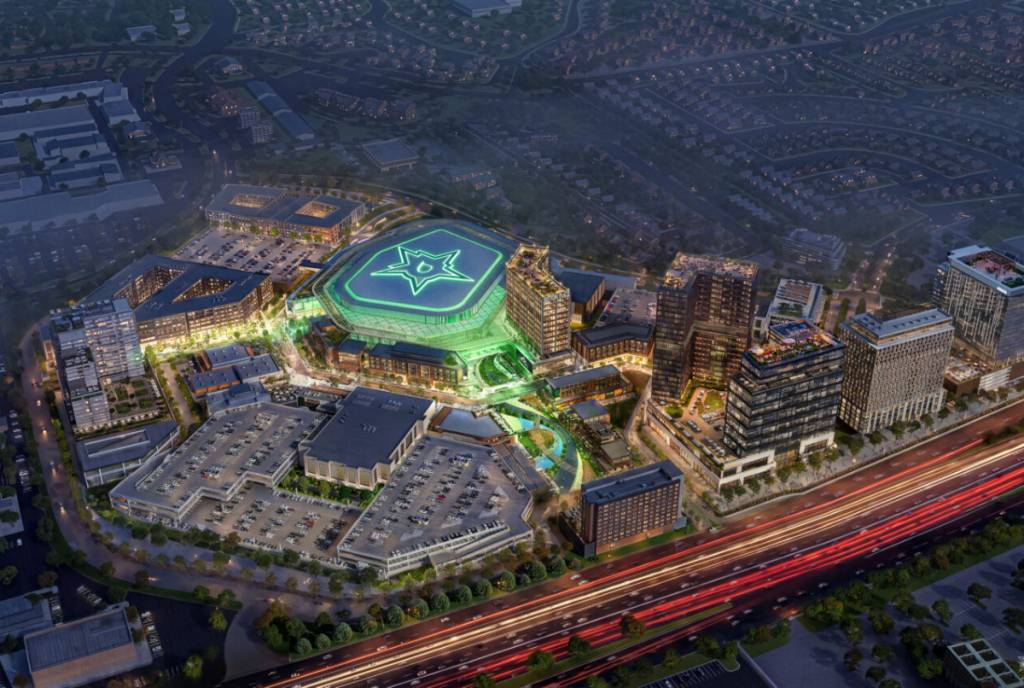 Image shows rendering of the Dallas Stars arena in Plano.