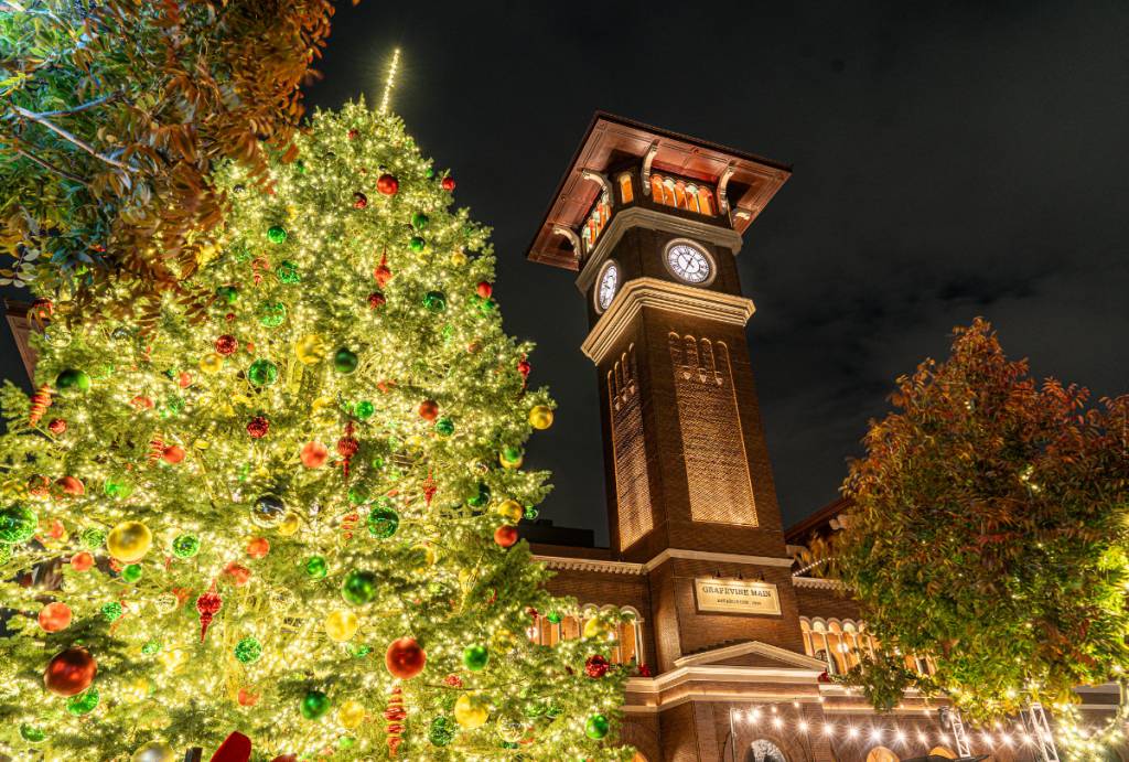 La imagen muestra un árbol de Navidad y la torre de Grapevine.