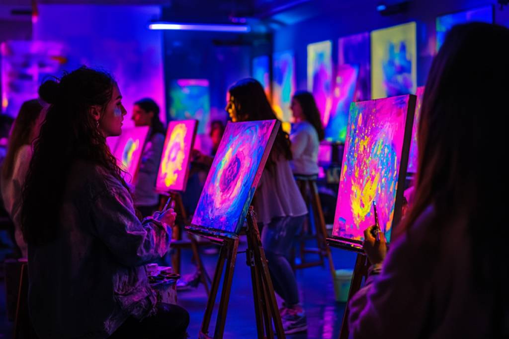 Attendees sitting in front of colorful canvases at Neon Brush Strangers.