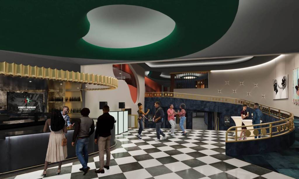 Rendering shows the interior of the Dallas Forest Theater.