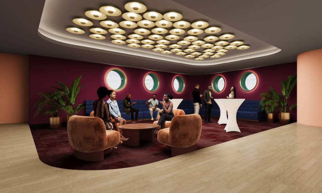 Rendering shows a lounge area at the Dallas Forest Theater.