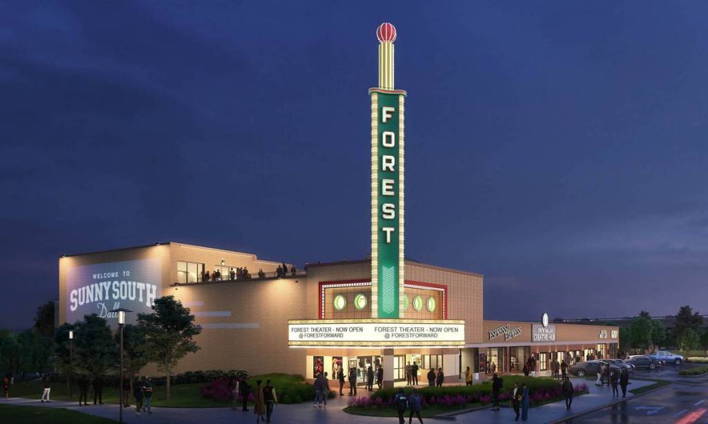 Rendering shows exterior of the Dallas Forest Theater.