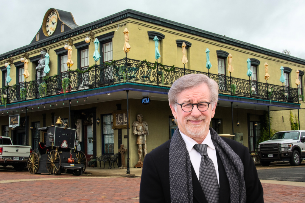 Image shows the Jefferson Palace Hotel and Steven Spielberg.