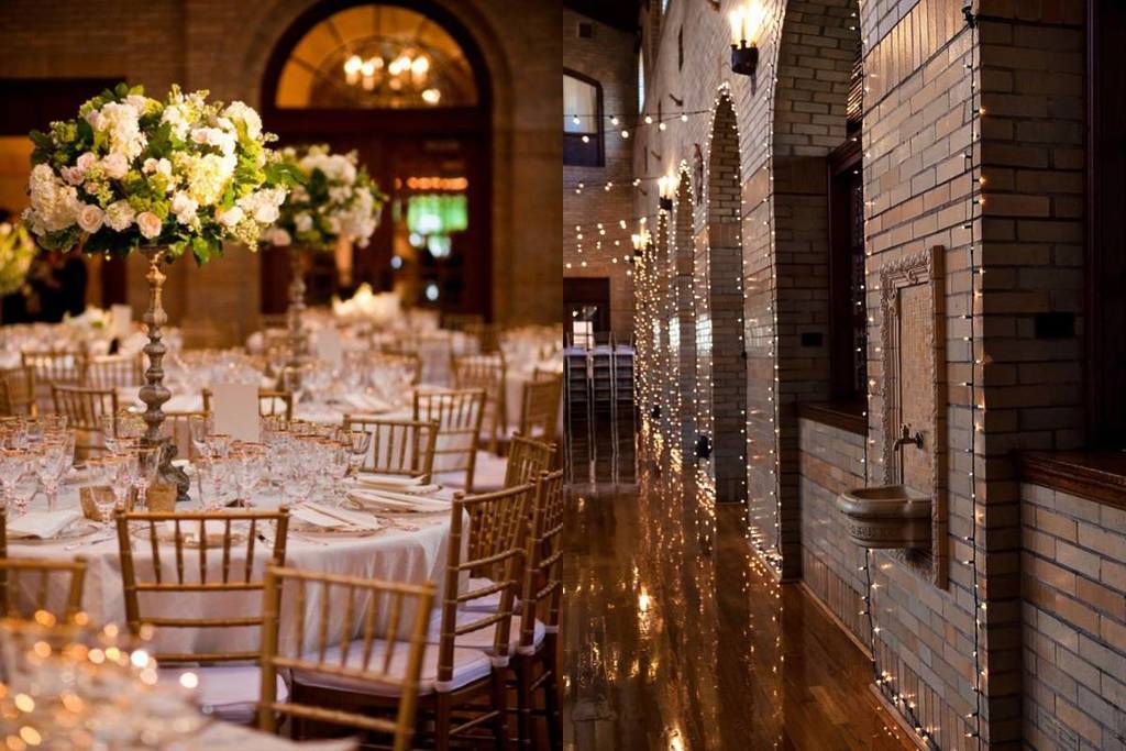 A collage of set tables for a wedding at St Francis Hall and the exposed-brick walls of the venue