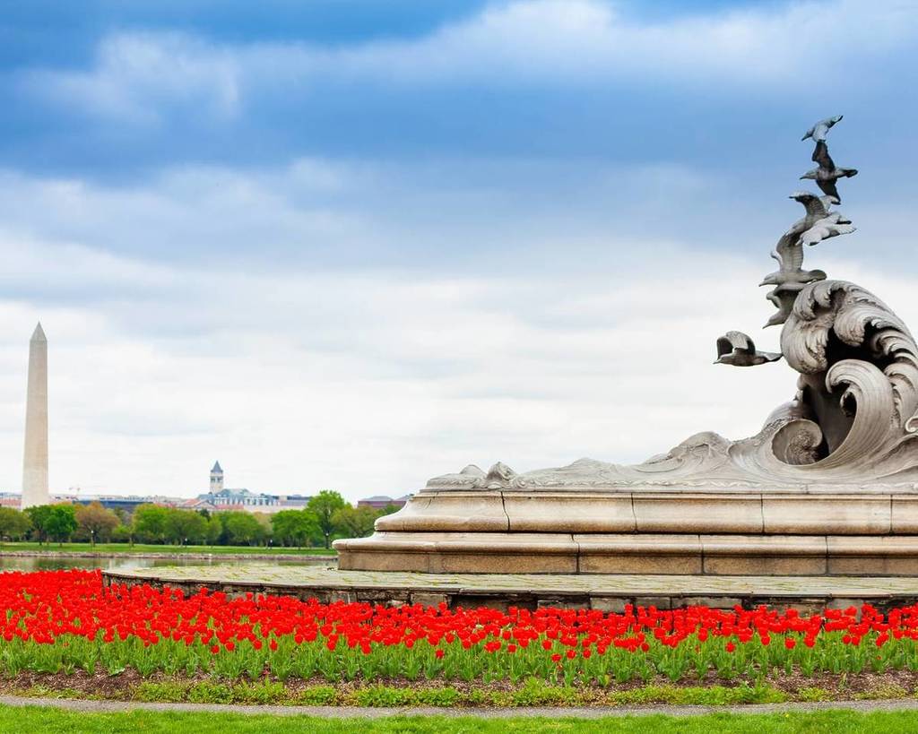 View of Navy - Merchant Marine Memorial with tulips in bloom