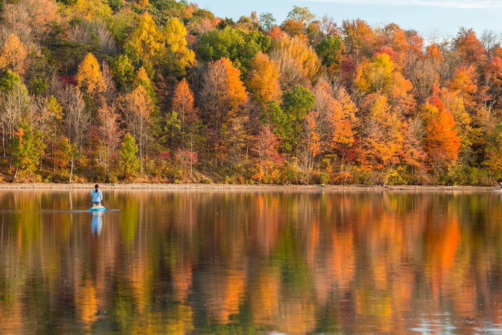 reflection of the peak autumn foliage in Lake Habeeb in Rocky gap State Park in Maryland
