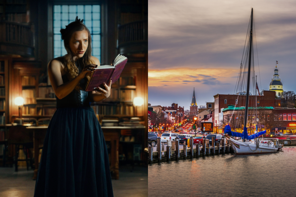 Edgar Allan Poe Speakeasy reader / Annapolis view collage
