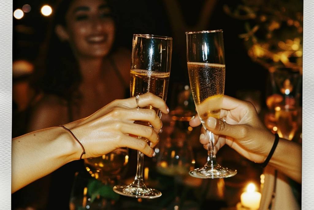 Friends making a toast with drinks at imperfect strangers