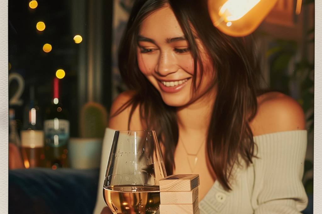 A woman laughing with a glass of wine at Imperfect Strangers